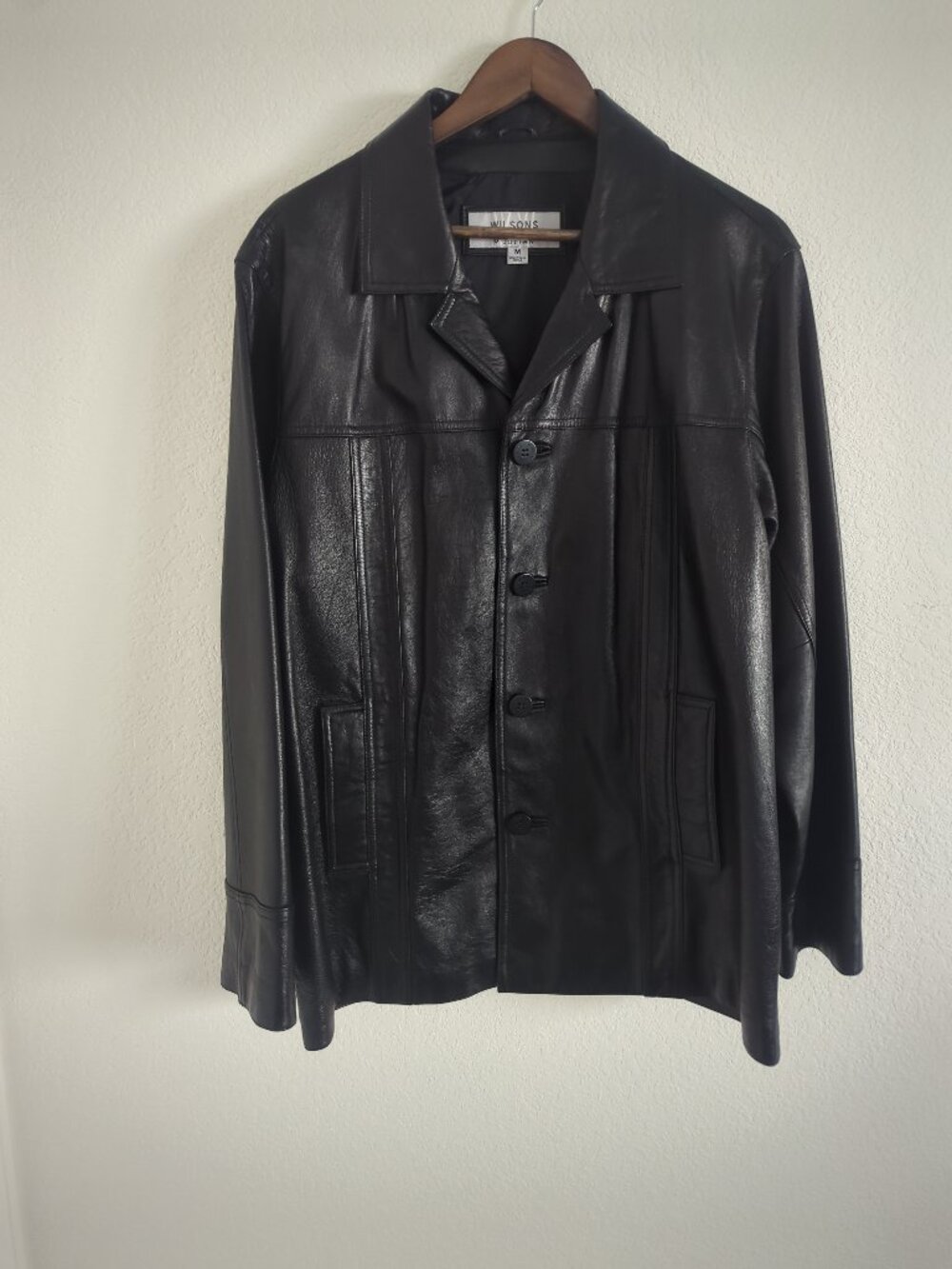 Wilsons M Julian Black Italian Leather Car Coat Jacket Men's Medium Button Front
